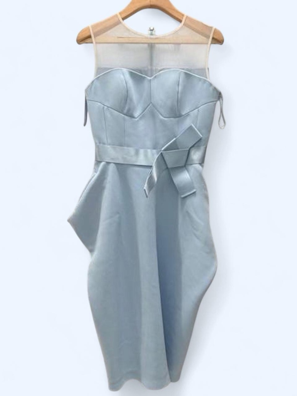 Strapless Light Blue Satin Cocktail Dress with Belt Bow